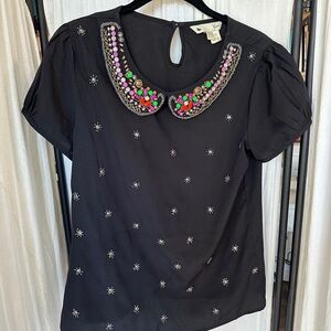 US 2-4 Yumi Embroidered Black Top with Beaded Peter Pan Collar Stones UK 10 EU38